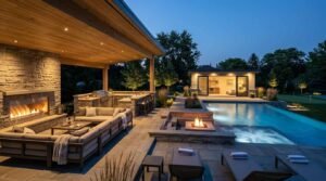 Resort-style luxury backyard and outdoor entertainment living space at dusk. Under a cedar tongue-and-groove covered patio with recessed lighting, an outdoor kitchen with barstool seating and a stone fireplace lounge feature a cushioned sectional sofa. A stone paver terrace connects a sunken fire pit lounge to an illuminated swimming pool with an integrated hot tub and sun loungers. In the background, a modern detached guest house / ADU pool cabana features sliding glass doors revealing an illuminated interior living space.
