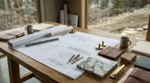 An architect's solid wood drafting desk positioned before panoramic corner picture windows overlooking a mountainous, wooded landscape. Laid across an unrolled blueprint depicting site topographic contours, building elevations, and floor plans are drafting instruments—including a triangular scale ruler, compass, pencils, and brass paperweights. The desk is curated with high-end material swatches, featuring a veined white marble block, polished brass hardware pulls, dark hardwood, rough fieldstone, slate, ceramic mugs, and leather-bound notebooks.