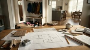 An architectural planning and material selection workspace laid out on a light wood kitchen table in a family home. Center stage is an unrolled floor plan blueprint showing a single-family home layout with furniture outlines, paired with a metal tape measure, fabric swatches, wood flooring planks, stone tile samples, drafting pencils, a foldable ruler, and a notebook with perspective sketches. The blurred background reveals a lived-in entryway and mudroom with hanging jackets, organized shoe cubbies, a pet bed, and an open kitchen with an island and dining table.