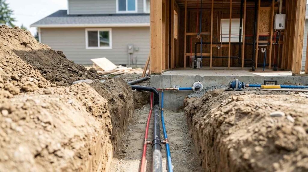 Detached ADU under construction showing water supply, drain, waste and vent piping, fixture connections, water heater, and underground utility lines.