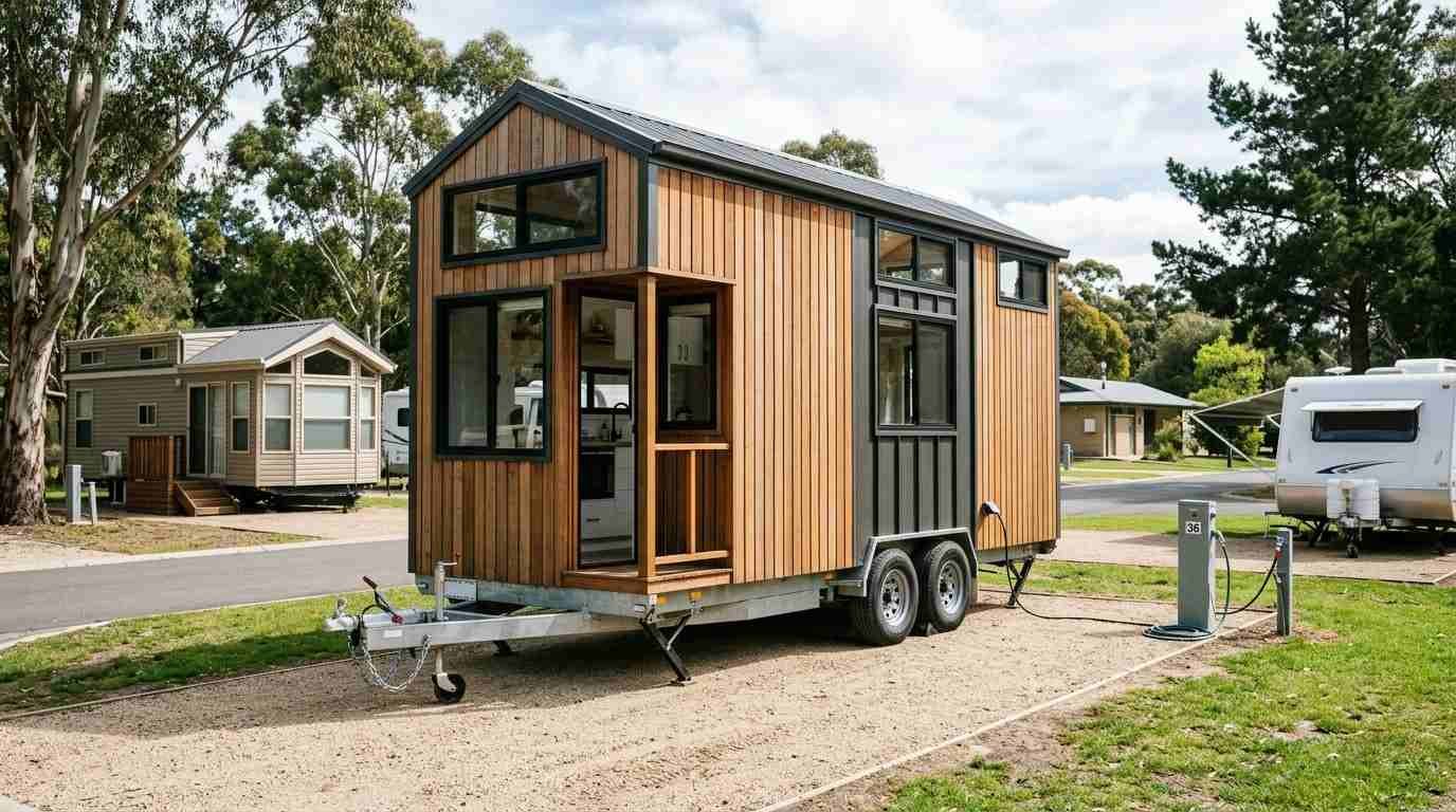 Certified tiny house on wheels at an RV park with contrasting park model and travel trailer forms, illustrating THOW classification and placement options.