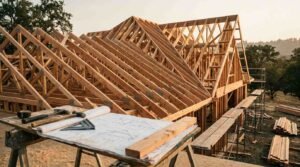 Active residential roof truss and rafter framing installation on a job site during golden hour light. In the background, complex gable roof framing rises with manufactured timber trusses held by metal connector plates alongside traditional stick-built hip and valley rafters, bordered by exterior scaffolding walkways and stacks of lumber. In the foreground, an unrolled blueprint showing roof truss schematics is laid out on a wooden sawhorse table, anchored by a wood offcut, a Speed Square (rafter angle square), two framing hammers, and a retractable tape measure.