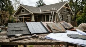 A residential roofing material selection and specification display set on a rustic wooden sawhorse workbench on an active job site. In the foreground, physical roofing samples are lined up side-by-side for comparison: dark architectural asphalt shingles, standing-seam metal roofing panels with water droplets, natural rustic stone slate tiles, and curved clay Spanish barrel tiles. Surrounding the samples are roofing tools and site gear—including a worn claw hammer, loose nails, a tape measure, a carpenter's pencil, a weathered hard hat, and unrolled architectural roofing blueprints weighted down by a slate remnant. In the background, a craftsman-style home undergoing roof replacement and exterior renovation is framed by scaffolding, extension ladders, and mature trees under an overcast sky.