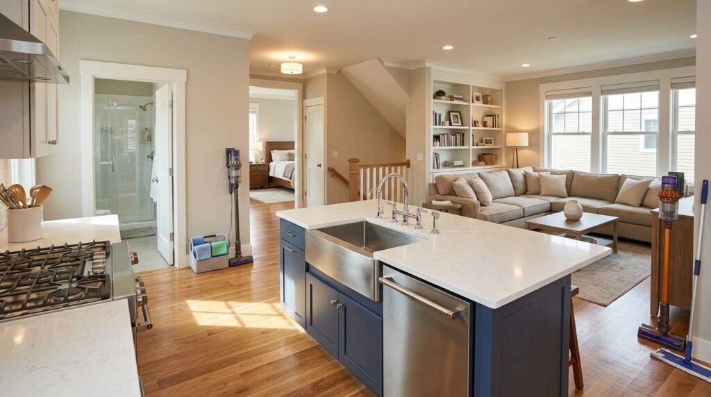 Clean, organized home showing a room-by-room cleaning approach across the kitchen, living room, hallway, bathroom, and bedroom, with professional cleaning tools nearby.