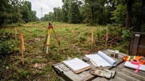 Land surveying and site assessment scene for a residential or park model home build on a newly cleared forest lot. In the foreground, the lowered tailgate of a work truck serves as an outdoor field desk, holding an inspection clipboard with site notes, a tape measure, unrolled floor plans and foundation blueprints, soil sample test jars, a pencil, leather work gloves, a neon safety vest, and a roll of pink surveyor's flagging tape. In the background, a surveyor's optical level on a yellow tripod stands centered in the clearing, flanked by wooden boundary stakes marked with bright orange and pink ribbon flags running alongside utility poles in the distance.