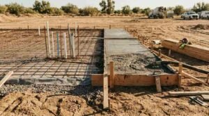 Active concrete pour and site foundation construction for a residential building pad on an open, graded dirt lot. The wooden perimeter formwork encloses a prepared gravel base lined with a plastic vapor barrier and steel rebar mesh reinforcement. Rough-in plumbing PVC pipes and conduit stubs rise through the rebar grid on the left, while fresh concrete is actively being pumped and smoothed along the formed pour section on the right, equipped with a hand trowel, hose line, timber stakes, stacked lumber, and a hard hat. In the blurred background, a concrete mixer truck and construction vehicles sit parked under open daylight.