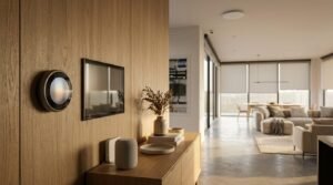 A modern, sunlit interior showcasing integrated smart home technology flush-mounted onto vertical natural oak wall paneling. The feature wall is equipped with a circular smart thermostat dial displaying soft display graphics alongside an ultra-thin wall-mounted control tablet interface. Resting on the oak sideboard below are a smart mesh hub, a cylindrical fabric smart speaker, ceramic decor bowls, and a vase of dried botanical stems. In the background hallway, an open recessed media and low-voltage structured wiring cabinet displays network cables and server rack switches, leading into an expansive open-plan living and dining room with large roller-shaded windows, concrete floors, and neutral contemporary furniture.