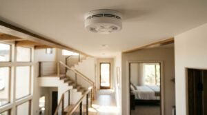 Low-angle close-up of a modern, round white smoke and fire detector mounted centrally on a home's ceiling. The shallow depth of field blurs a bright, open upper-level hallway featuring wood-trimmed beams, an open staircase with modern railing to the left, and doorways leading to a sunlit bedroom and an exterior exit in the background.