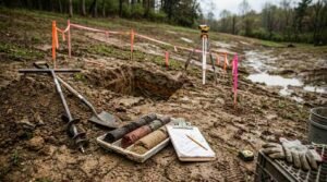 Field geotechnical soil sampling and site suitability assessment for a foundation build on an unpaved, muddy clearing. In the foreground, an excavated test pit is flanked by a hand auger, a round-point shovel, and a sample tray displaying extracted cylindrical soil core strata (dark topsoil, clay, and sand-gravel mixes). Beside the core samples rest an assessment clipboard with topographic sketches, a pencil, a tape measure, and leather work gloves atop a utility crate. In the background, a surveyor's level stands on a tripod beside perimeter boundary stakes strung with bright orange and pink flagging tape, cordoning off the wet, rutted terrain leading toward the treeline.