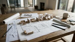 An architectural space-planning and layout workspace arranged across a rustic wooden trestle table overlooking a bright, open living space. Unrolled architectural floor plan blueprints feature a three-dimensional cardboard and miniature wood sectional model directly mounted atop the drawing, illustrating wall partitions, room circulation, miniature furniture arrangements (living room sectional, dining table set, kitchen casework), and a multi-level staircase. Surrounding the layout are drafting tools—including graphite pencils, an eraser, reading glasses, a rolled blueprint tube, an architect’s scale ruler—alongside finish material swatches (wood flooring, stone tile, fabric) and a ceramic mug.
