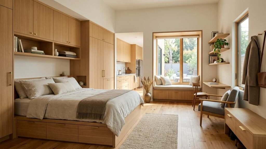 Compact ADU interior with floor-to-ceiling built-ins, under-bed drawers, recessed wardrobes, window-seat storage, wall shelving, and space-saving cabinetry.