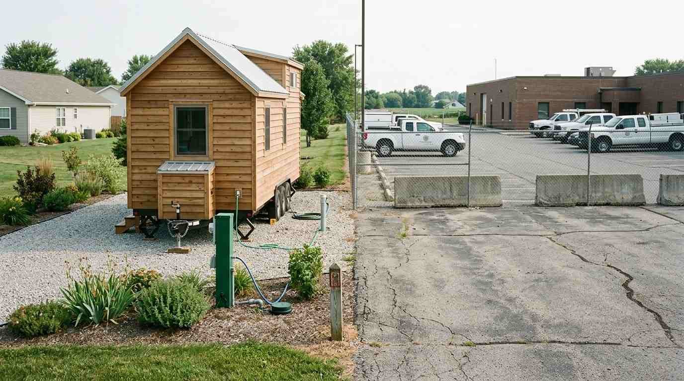 Tiny house on wheels near a county boundary illustrating different THOW rules, permits, occupancy requirements, and local regulations across the USA.