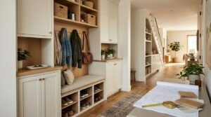 A bright, Scandinavian-inspired modern entryway and mudroom featuring custom built-in cabinetry and space-saving organization. The centerpiece is an off-white and natural oak mudroom unit fitted with an upholstered bench cushion, lower shoe cubbies, coat hooks holding outerwear and a leather shoulder bag, upper open shelving with woven wicker storage baskets, and closed shaker-style cabinets with brass knobs. The hallway extends along a patterned vintage runner rug past custom under-stair shelving towards a sunlit, plant-filled open living room, while an unrolled architectural floor plan, retractable brass tape measure, wood floor swatches, and paint color chips sit on the foreground tabletop.