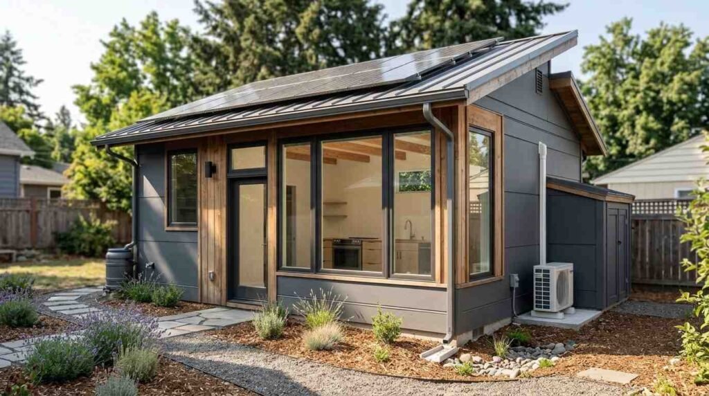 Sustainable detached ADU with rooftop solar, energy-efficient windows, heat pump systems, water-saving landscaping, permeable paving, and eco-friendly building features.