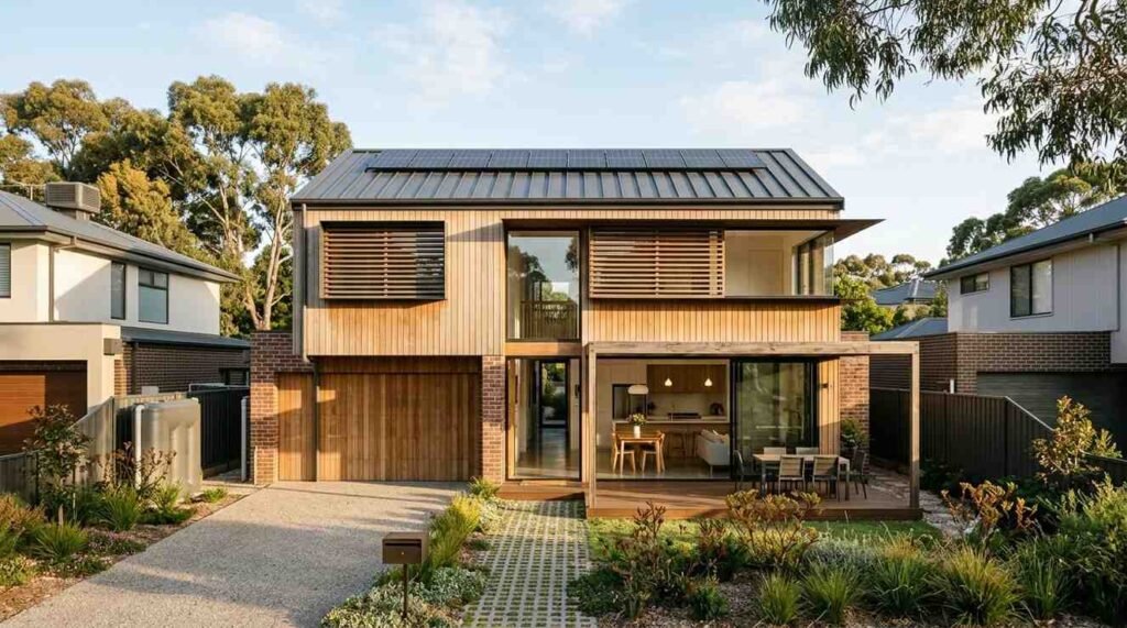 Custom sustainable home featuring solar panels, high-performance glazing, passive shading, insulation, rainwater harvesting, native landscaping, and energy-efficient design.