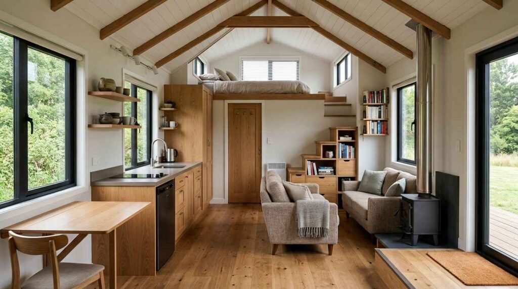 Compact tiny house on wheels interior with an open living area, efficient kitchen, adjacent bathroom, loft sleeping area, built-in storage, and space-saving floor plan.