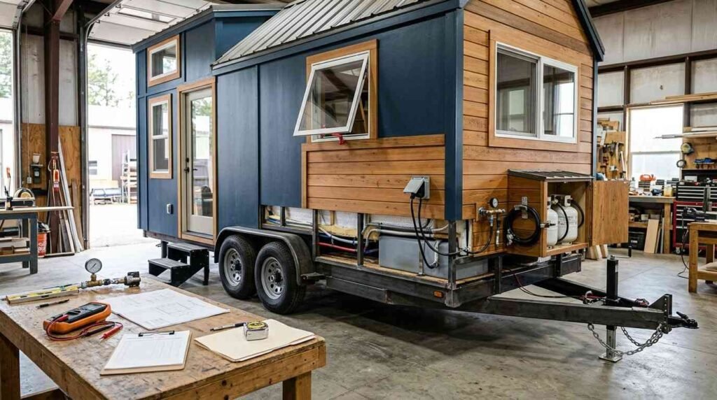 Tiny house on wheels undergoing professional certification inspection, showing its trailer chassis, road-going components, residential systems, construction details, and compliance documentation.