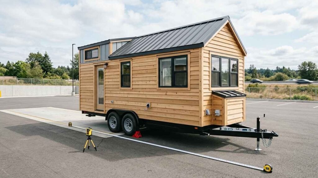 Tiny house on wheels mounted on a road-legal trailer with visible wheels, axles, frame, measuring equipment, and vehicle-scale setup illustrating THOW dimensions and weight capacity.
