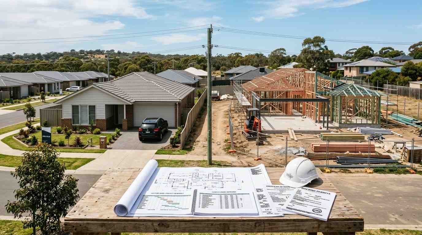 Australian residential construction scene contrasting a nearly completed production home with a longer-stage custom build, showing architectural plans, permits, milestones and construction financing documents.