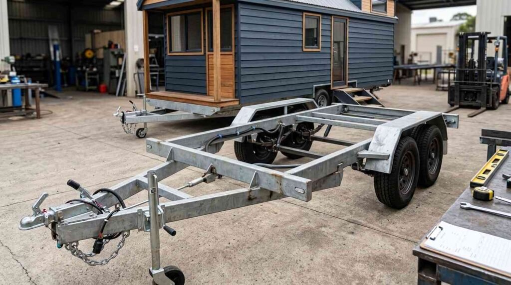 Tiny house on a purpose-built trailer showing engineered steel frame rails, crossmembers, axles, suspension, wheels, coupler, and structural attachment points.