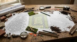 An urban planning and civil engineering desk display illustrating different land and lot types across three side-by-side technical drawings on a rustic wood surface. The left plan outlines a dense urban street grid accompanied by miniature stone and brick paving samples; the center plan illustrates a suburban cul-de-sac subdivision layout with miniature turf plots and split-rail fencing; the right drawing depicts a rural topographical contour map scattered with loose topsoil, gravel, pine needles, and rough bark fragments. Across the desk are magnifying glasses, drafting compasses, surveying pin flags, pushpins, an architect's scale ruler, rolled blueprints, pencils, reading glasses, and a retractable tape measure.