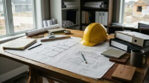 An architect's wooden drafting desk positioned in a site office overlooking residential construction through large windows. Spread across the desk are architectural blueprints featuring floor plan layouts and roof truss elevations, an open grid sketchbook, drafting pencils, a triangular scale ruler, reading glasses, a yellow construction hard hat, binders, material sample swatches (stone, tile, and hardwood), rolled plan sets, and a ceramic coffee mug.