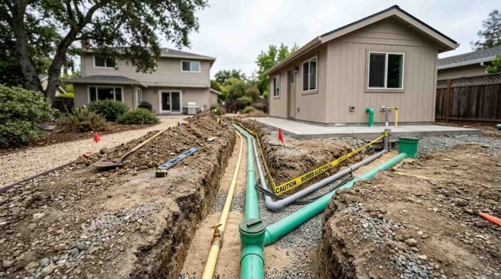 Detached ADU with an open utility trench showing water, sewer or septic, and electrical connections running between the dwelling and existing property infrastructure.
