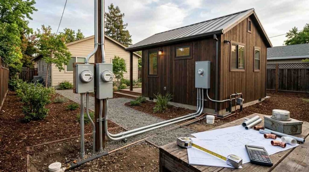 Detached ADU with dedicated electrical and utility connections, separate meter enclosure, service conduit, water and sewer infrastructure, and a primary home in the background.