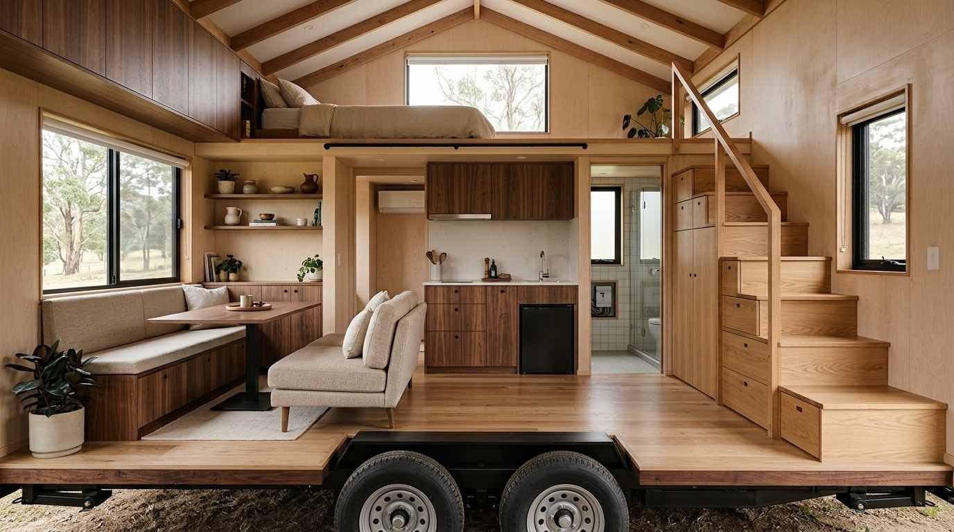 Balanced tiny house interior showing strategic weight distribution, compact zones, convertible storage, loft design, and efficient circulation.