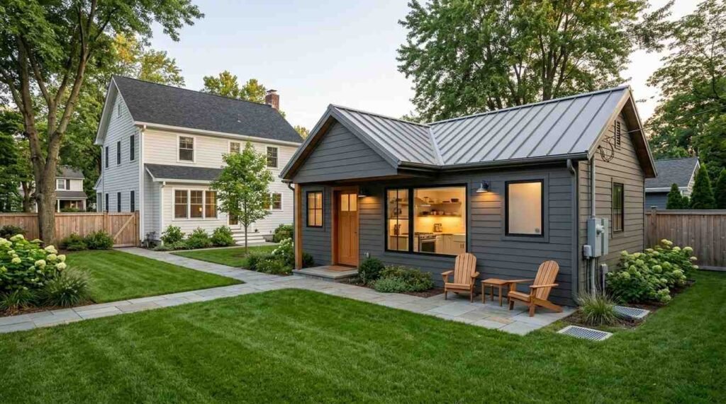 Detached accessory dwelling unit in a residential backyard with its own entrance, patio, and utilities beside the main house.