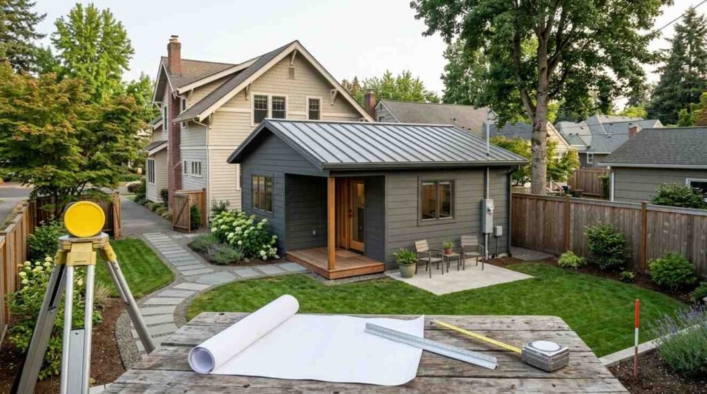 Detached ADU positioned within realistic side and rear setbacks beside a primary home, with survey equipment and planned access illustrating zoning and setback requirements.