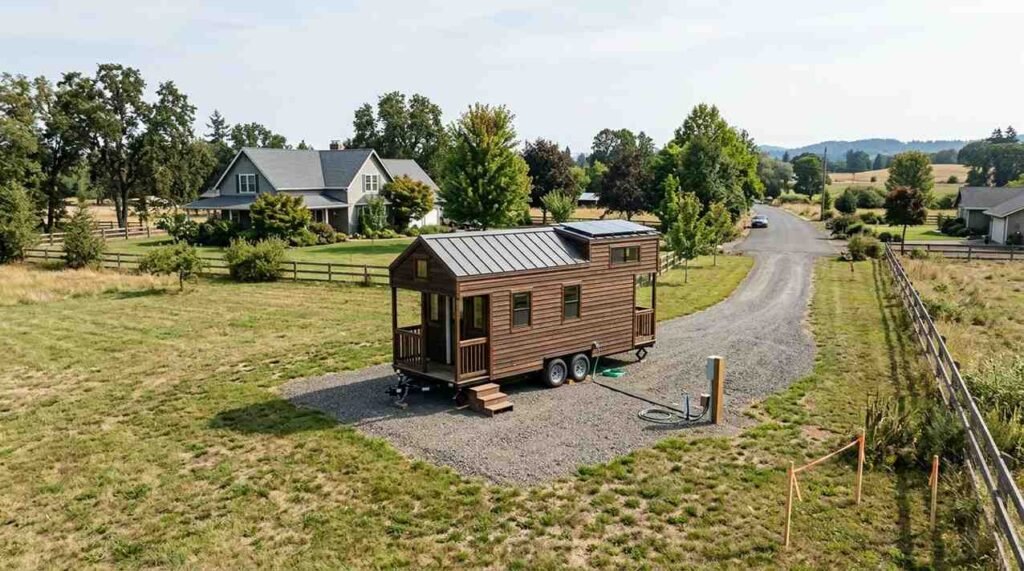 Tiny house on wheels positioned on a residential property with visible trailer chassis, driveway access, property boundaries, setbacks, utilities, survey markers, and surrounding structures.