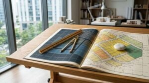 Open architectural planning book with grid diagrams and color-coded site plans, featuring a brass drafting compass, scale ruler, and stone paperweight on a wooden drafting table