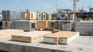 Cross-laminated timber (CLT) and structural insulated panel (SIP) samples resting on a concrete ledge in front of an outdoor yard filled with prefabricated modular building units