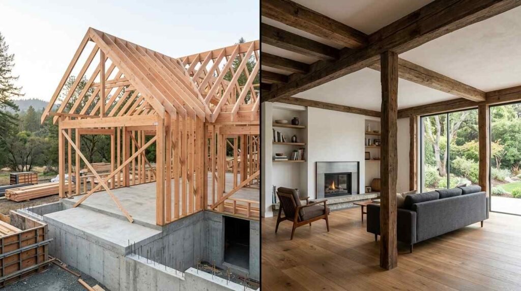 Split-screen comparison showing a wood-framed house under construction on the left and a completed living room with exposed wood ceiling beams and fireplace on the right