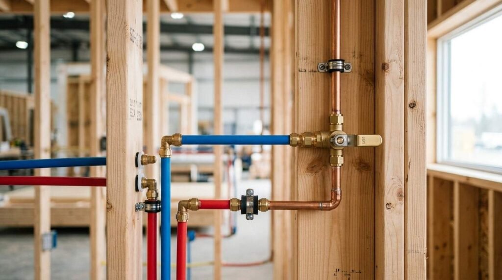 Rough-in plumbing installation showing blue and red PEX water lines connected via brass fittings to rigid copper pipes within an open timber wall frame