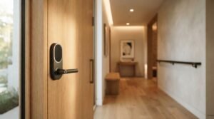 Black smart door lock with digital touch keypad and fingerprint scanner handle installed on a natural wood front door in a modern home entryway