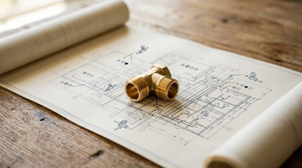 Solid brass threaded tee pipe fitting resting on an unrolled plumbing schematic blueprint with valve symbols on a rustic wooden table