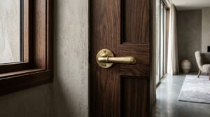 Aged brass lever door handle mounted on a dark walnut paneled wooden door set against a textured plaster wall in a modern home