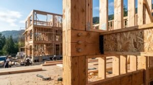 Heavy timber post-and-beam joinery with wooden pegs connected to an engineered wood I-joist on a multi-story timber frame construction site