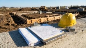 Architectural plans on a clipboard, a yellow construction hard hat, and a tape measure resting on a cured concrete foundation wall at a tiny home building site during early construction.