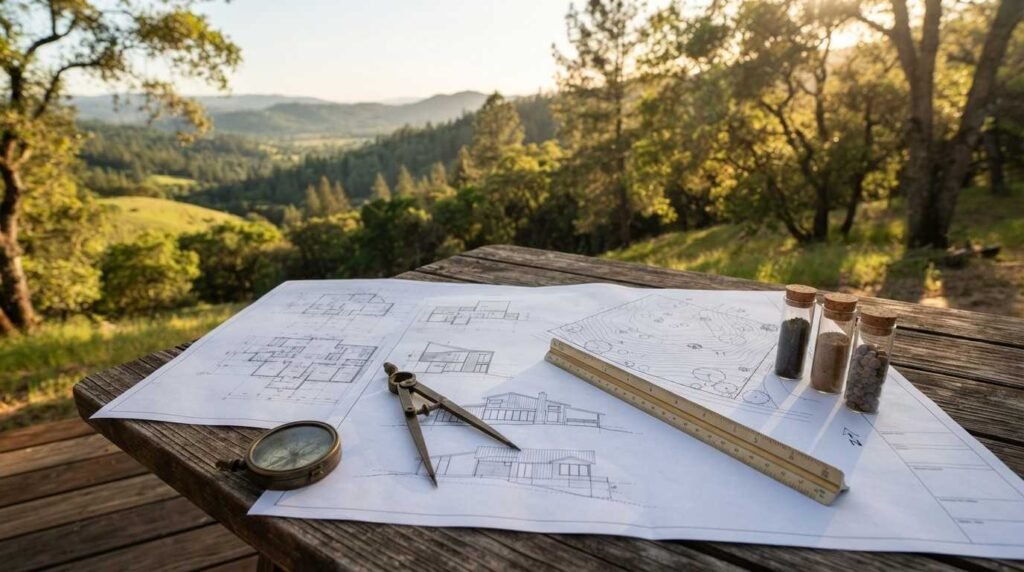 Architectural blueprints spread on an outdoor wooden table with a brass compass, drafting compass, scale ruler, and glass soil sample vials overlooking a mountain valley