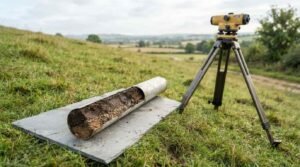 Metal soil core extraction tube displaying soil profile layers resting on a slate plate next to a surveying auto-level on a tripod in a grassy field
