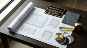 Architectural bathroom floor plan blueprint set on a dark wood desk with a brass drafting compass set, slate tile sample, tape measure, and metallic finish swatches