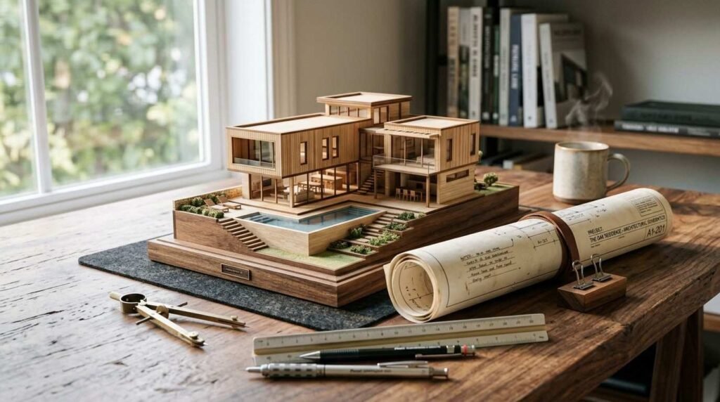 Detailed wooden scale model of a modern multi-level house with a swimming pool, rolled blueprints, drafting compass, scale ruler, and pencils on a wooden desk near a window