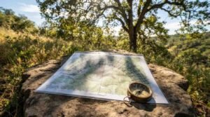 Laminated topographic map with a sun path trajectory diagram overlay and a brass compass resting on a rock in a sunny oak forest