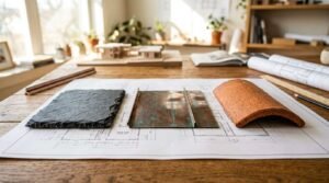 Natural slate, patinated copper standing seam, and terracotta clay roofing samples arranged over architectural house plans
