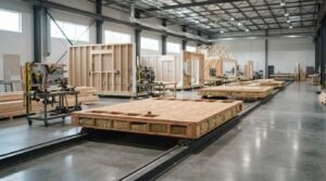 Prefabricated floor and wall panels moving along rail assembly lines inside a spacious, modern modular home manufacturing facility