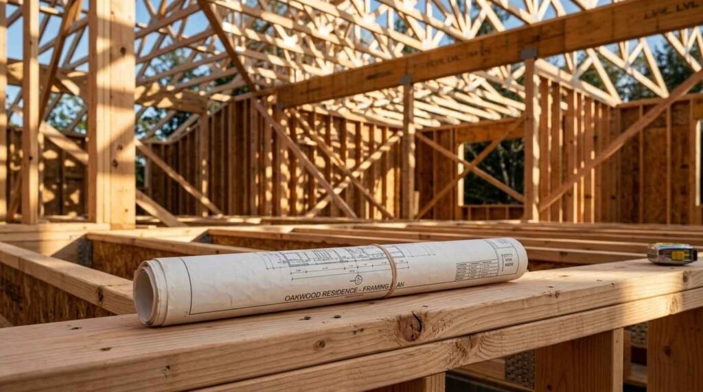 Rolled architectural blueprints labeled "OAKWOOD RESIDENCE - FRAMING PLAN" resting on a wooden stud wall during house framing construction