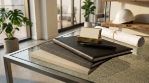 Stacked leather and linen portfolio books on a glass-top table with a brass business card holder, fountain pen, rolled blueprint tied with twine, and a white hard hat